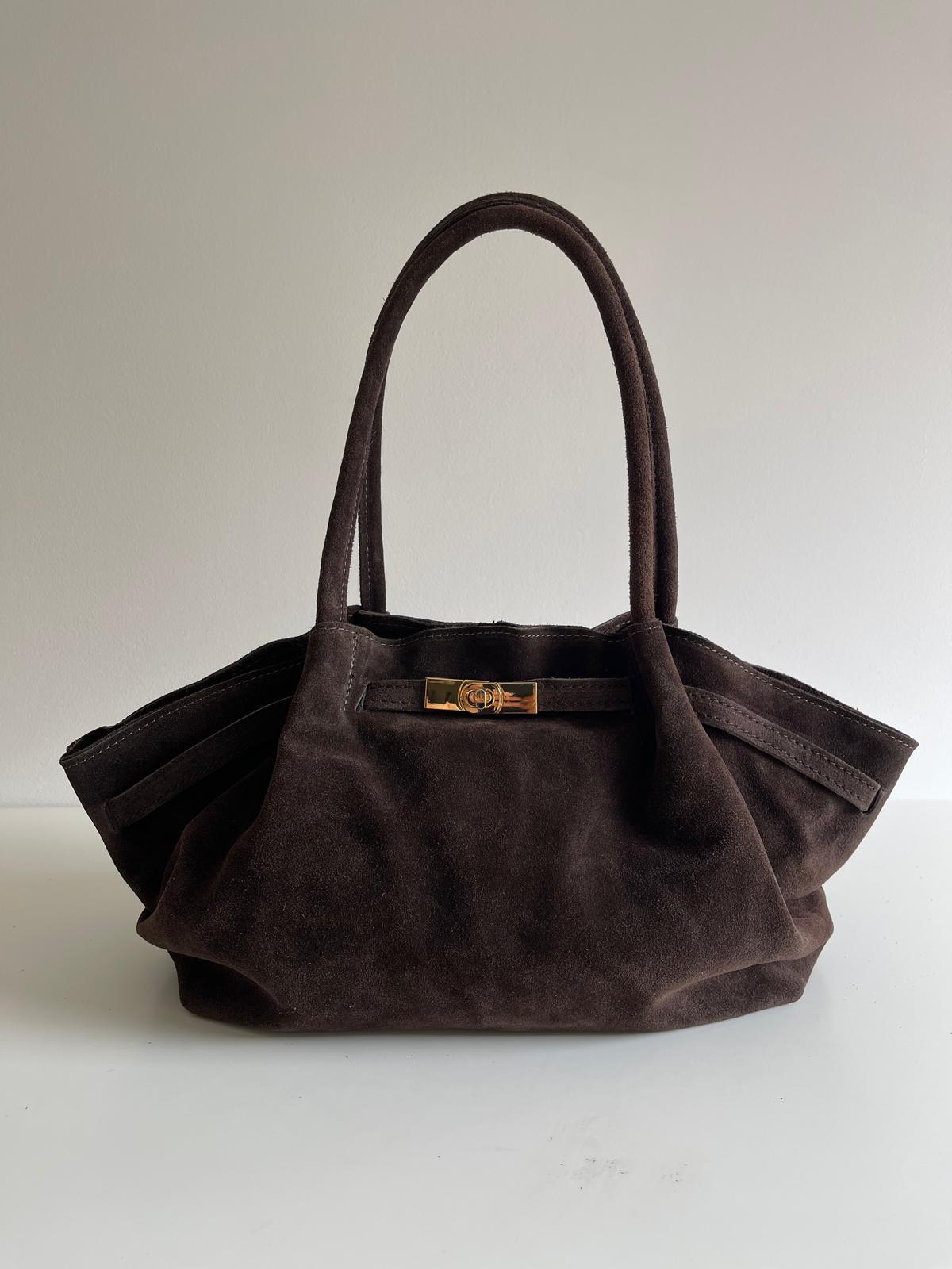 Sac cabas en cuir suédé italien Fermoir doré chic Marron chaud