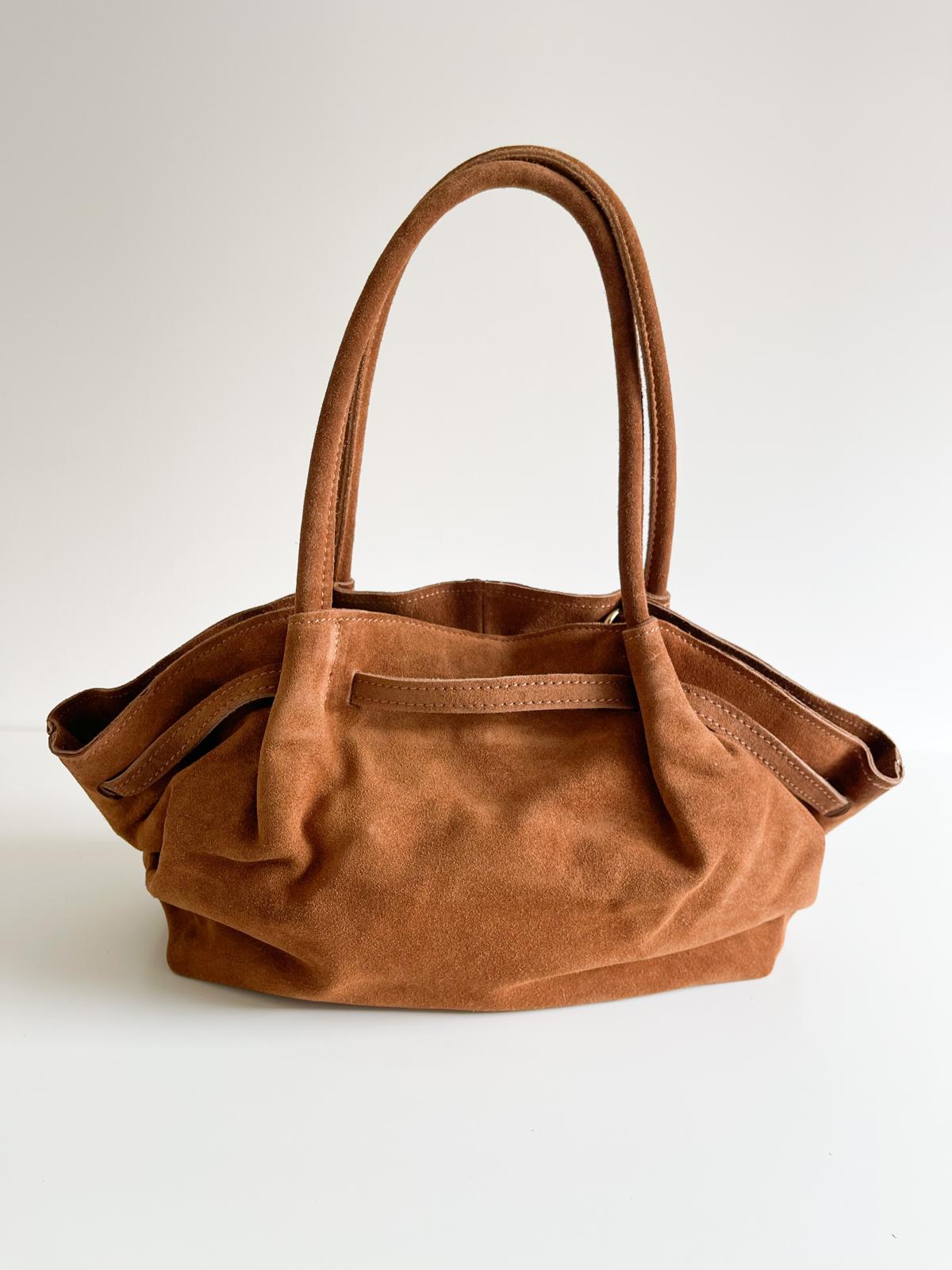 Sac cabas en cuir suédé italien- Fermoir doré chic élégant - Camel