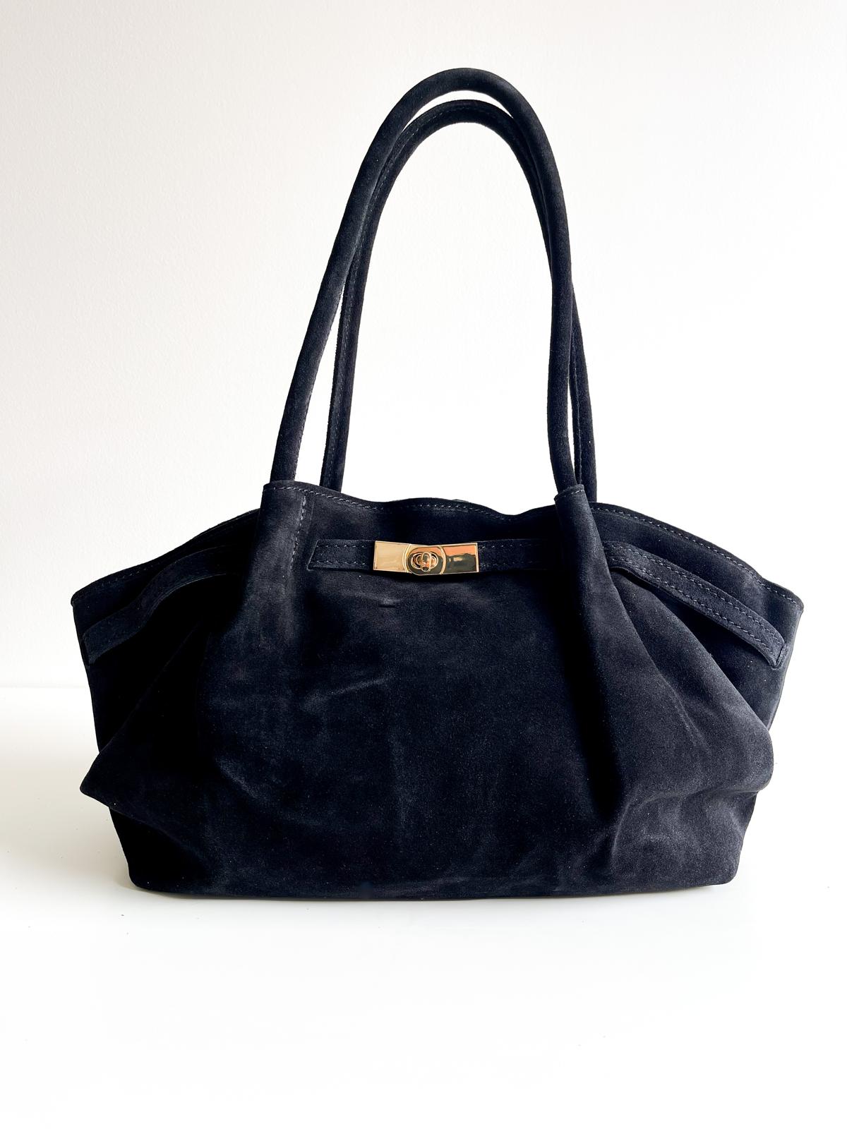 Sac cabas en cuir suédé italien - Fermoir doré élégant - Noir intemporel