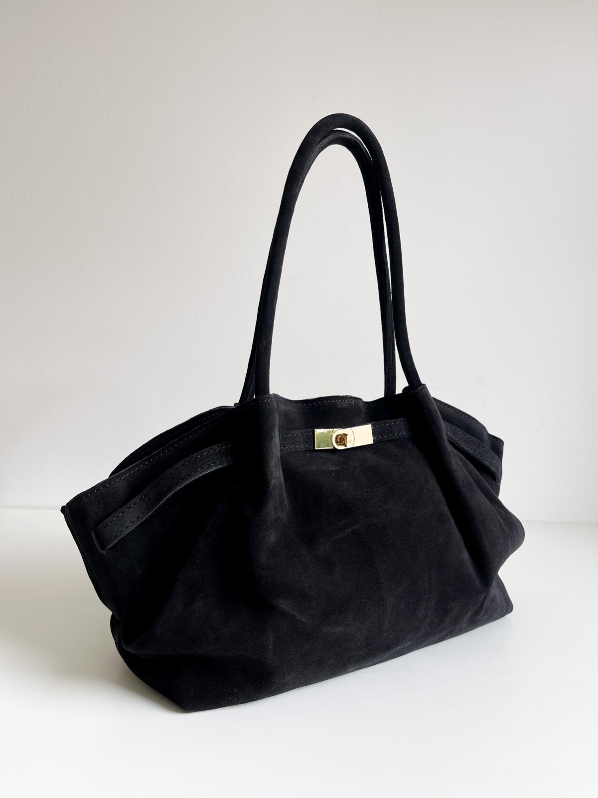 Sac cabas en cuir suédé italien - Fermoir doré élégant - Noir intemporel