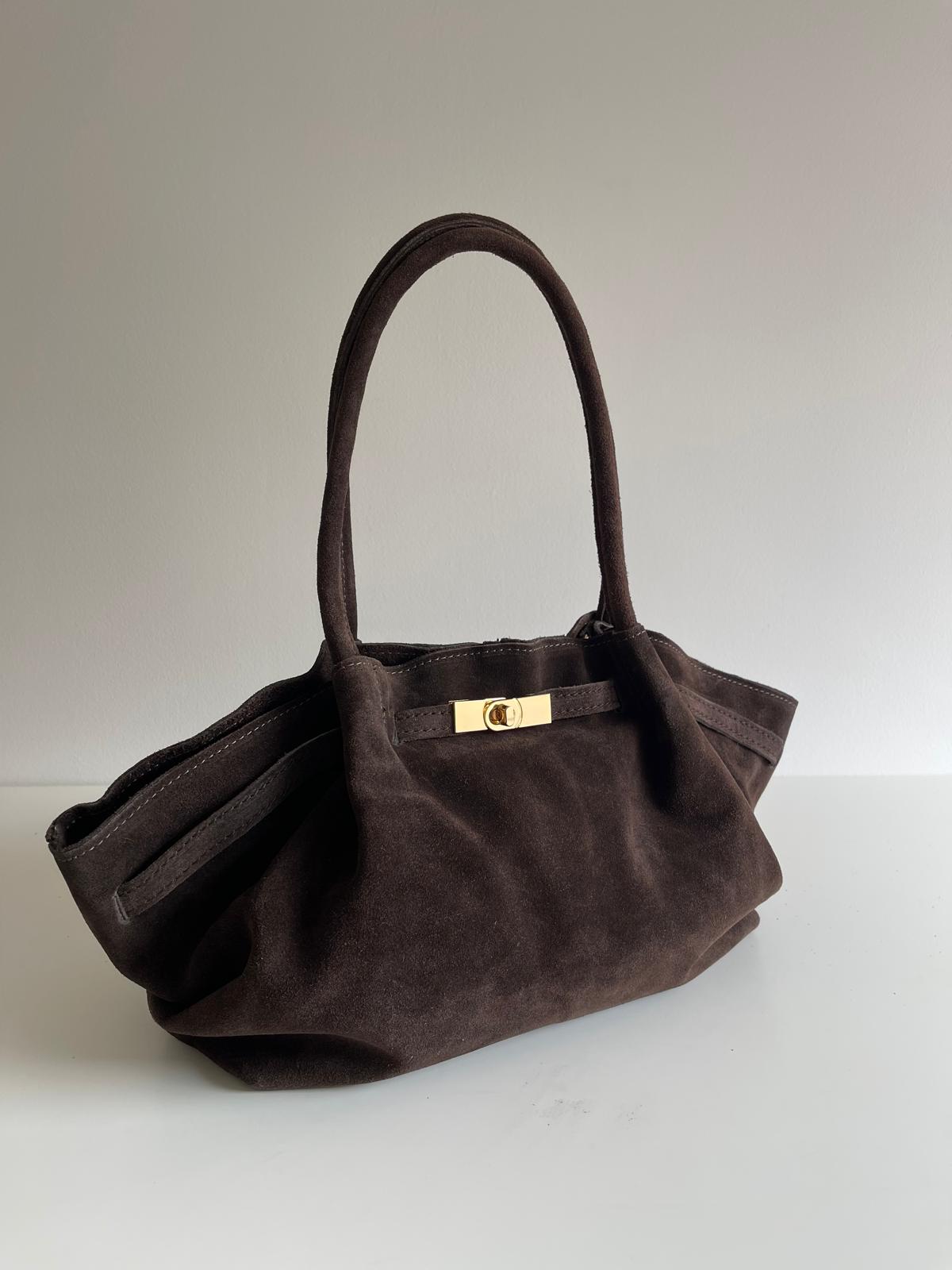 Sac cabas en cuir suédé italien - Fermoir doré chic - Marron chaud