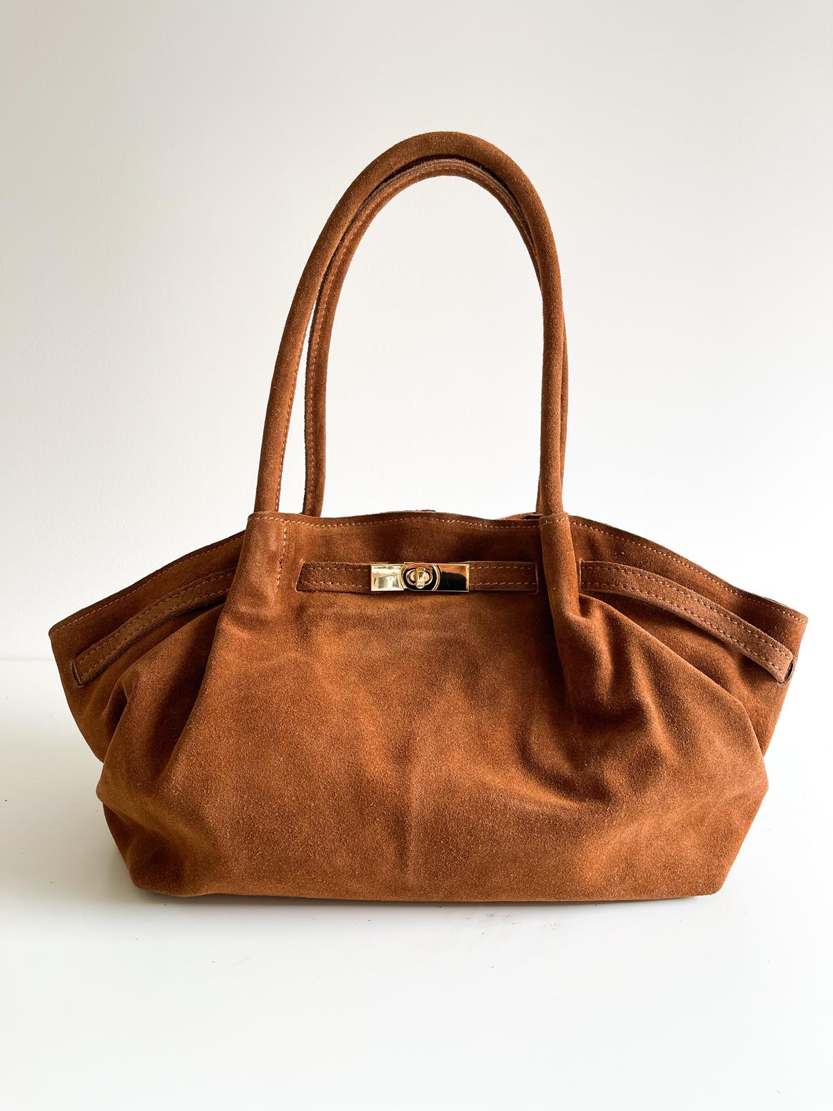 Sac cabas en cuir suédé italien- Fermoir doré chic élégant - Camel