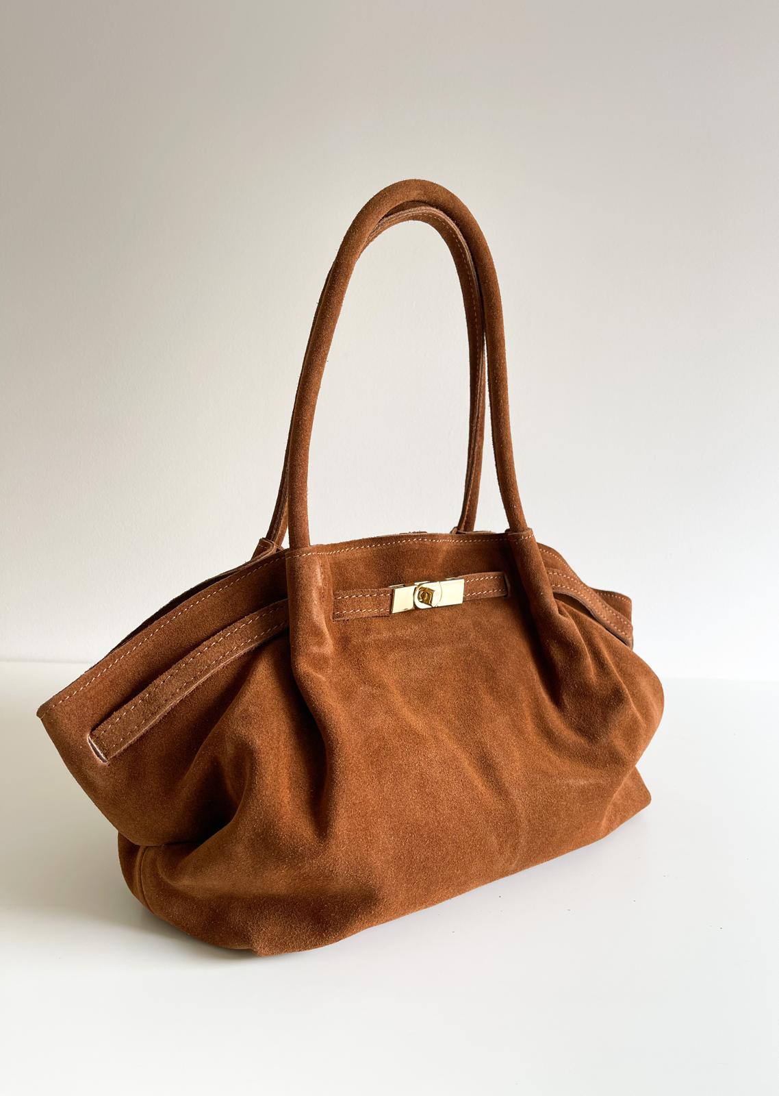 Sac cabas en cuir suédé italien- Fermoir doré chic élégant - Camel